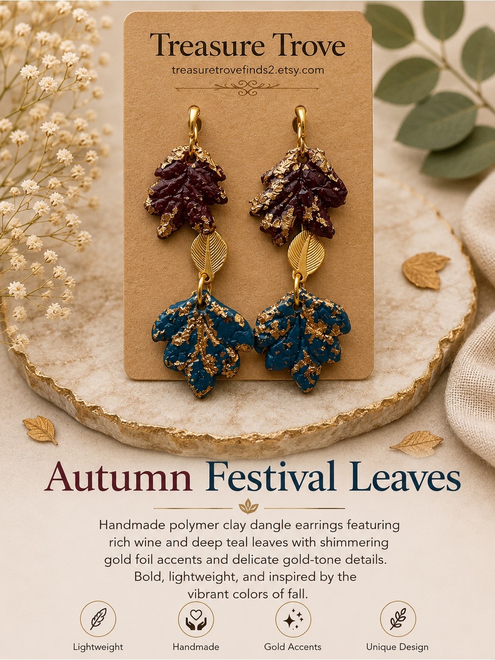 2 pair-Autumn Festival Leaves Earrings - Wine & Deep Teal